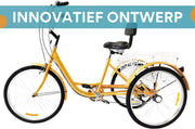 Driewieler voor volwassenen - 6 versnellingen - Fiets voor senioren - 24 Inch - Met mand - Voorrem - Geel