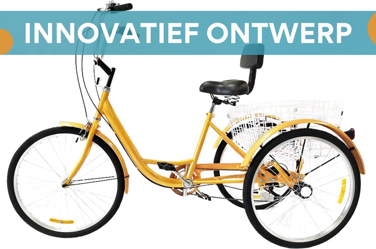 Driewieler Fioren voor volwassenen - 6 versnellingen - Fiets voor senioren - 24 Inch - Met mand - Voorrem - Geel