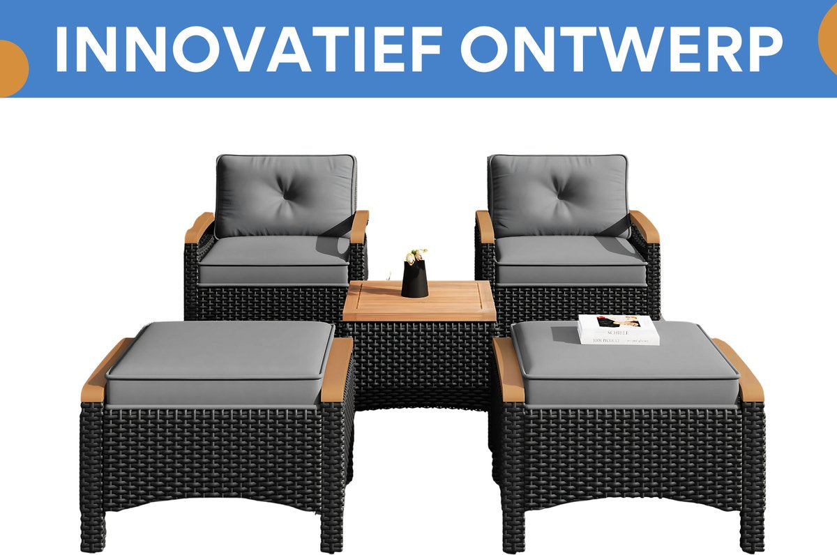 5-delig Tuinmeubelset - Loungeset - Tuinlounge -Voor Balkon of Terras - Acacia Hout & Rotan Metalen Frame - Waterdichte Grijze Kussens