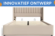 Bed - Opbergbed - Opbergruimte - Hydraulisch tweepersoonsbed Linnen lattenbodem Houten metalen frame - Beige - 160x200