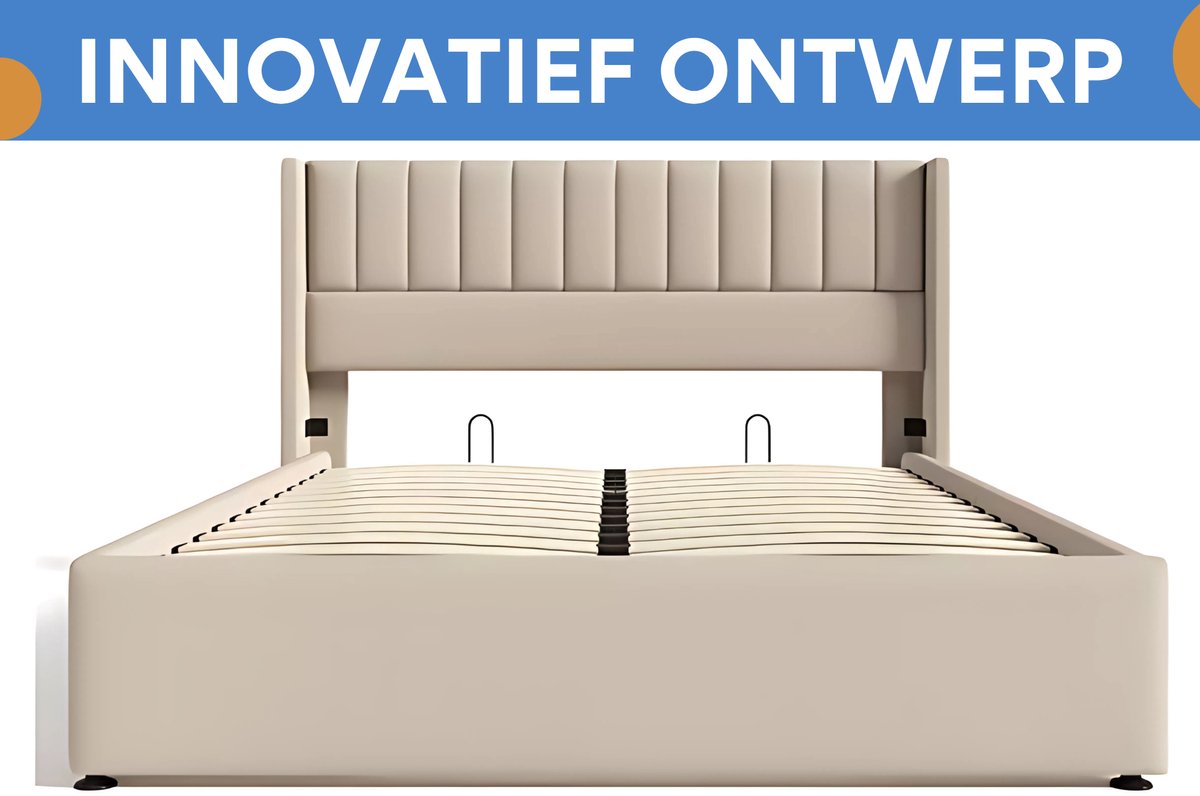 Bed - Opbergbed - Opbergruimte - Hydraulisch tweepersoonsbed Linnen lattenbodem Houten metalen frame - Beige - 160x200