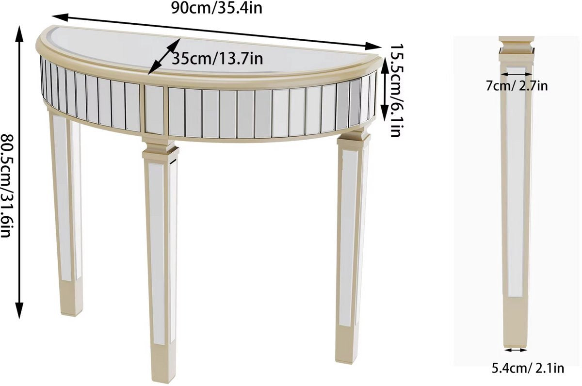 Consoletafel Luxeon - Sierlijke Gespiegelde Halve Maan Console Tafel - Voor Woonkamer of Hal - Zilveren Make-up Tafel