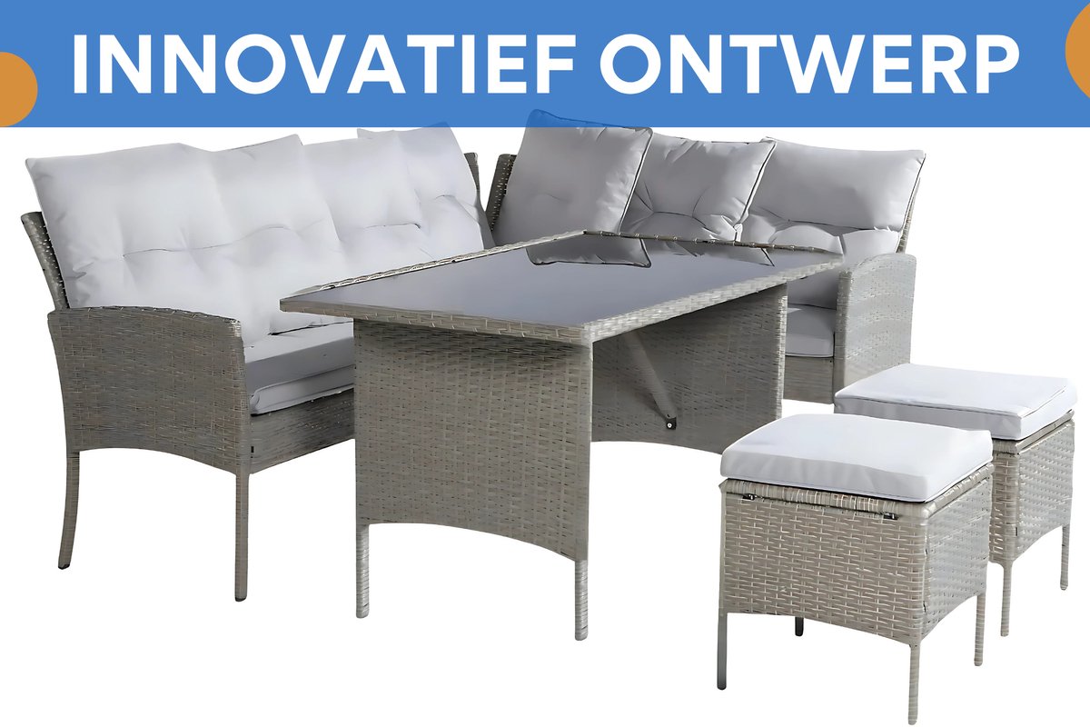 Tuinmeubelset - Loungeset - Tuinlounge - Lounge Set voor 7 Personen - Inclusief Sofa, Tafel, Kruk en Wasbare Kussens