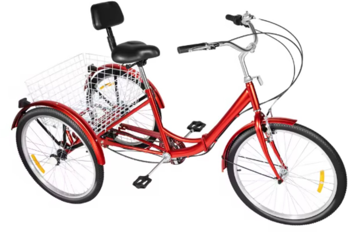 Driewieler Berlin - 7 versnellingen - Fiets voor volwassenen en senioren - 24 Inch - Opvouwbare - Verstelbaar - Met mand - Voorrem - Rood - 120KG
