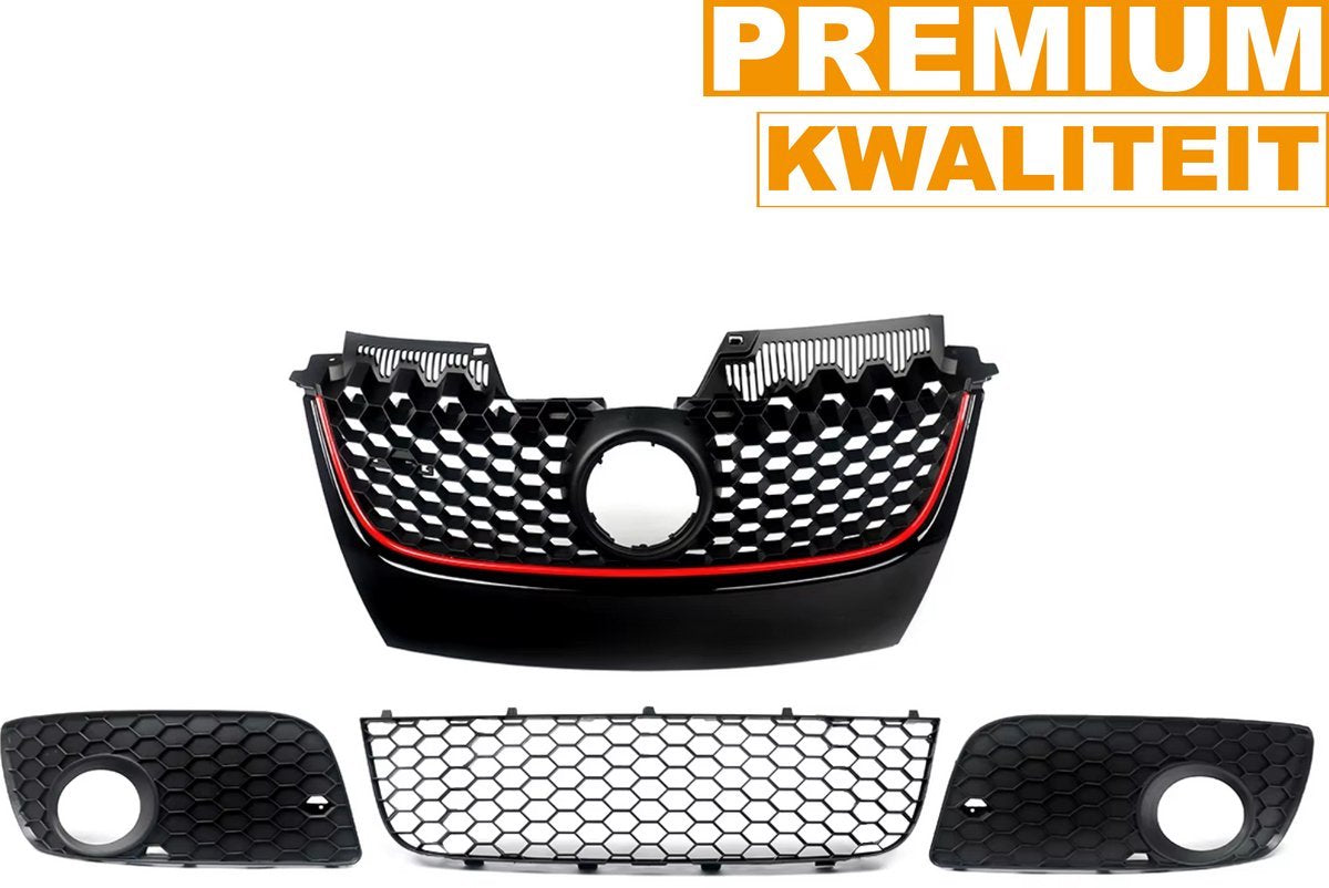 Voorbumper R-Line Sport - Voorbumper - Voor VW Golf MK5 Jetta/GLI/GTI 2006-2009 - Auto accessoires - Honingraat grille - Rode trim - Zwart