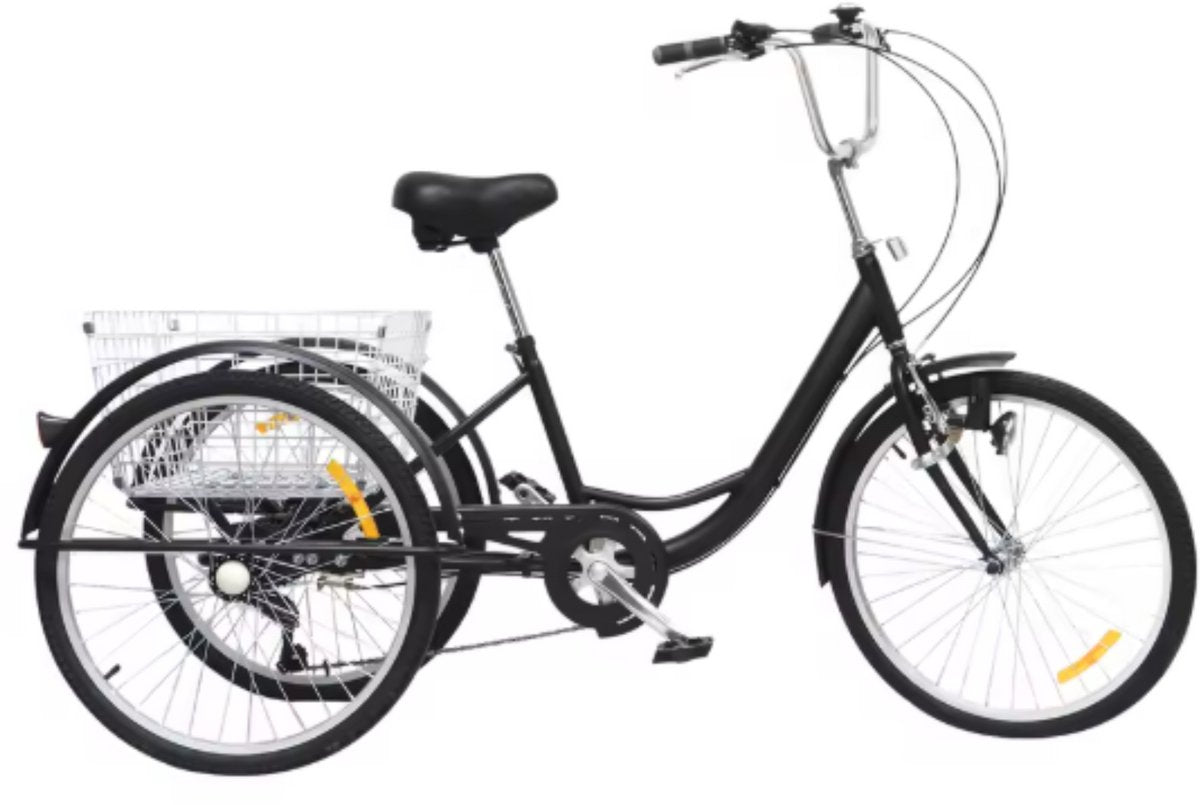 Driewieler 6 versnellingen - Fiets voor volwassenen en senioren - 24 Inch - Opvouwbare Trike - Met mand - Voorrem - Zwart