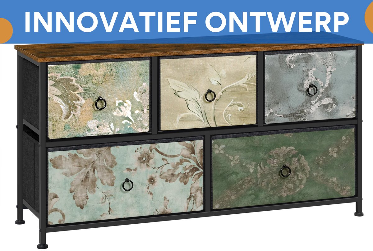 Ladekast met 5 Laden -Dressior - Kast - Voor Woonkamer, Slaapkamer, Keuken of Hal - TV-Kast & Dressoir - Met Stof en Metalen Frame van