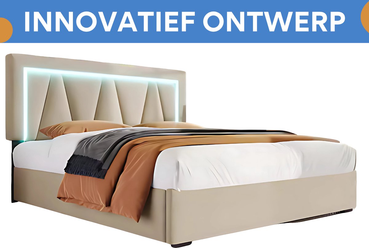 Bed - Tweepersoonsbedden - Tweepersoonsbed - Twijfelaar - Voor Slaapkamer - Met LED-verlichting, USB-C Oplaadfunctie, Lattenbodem & Opbergruimte - Linnen Bekleding - Inclusief Matras - 140x200 cm