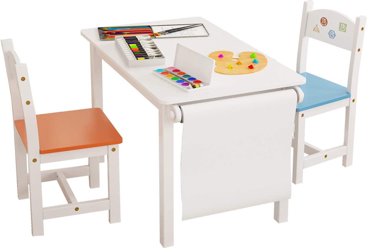 Happyment Kindertafel en 2 Stoeltjes - Kindermeubel - Speeltafel - Kinderbureau - Wit, blauw, oranje