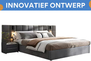 Hydraulisch Bed 180x200 cm - Voor Slaapkamer - Met LED-verlichting, USB-poorten & Verstelbaar Hoofdeinde - Fluweel in Grijs Schaakbordpatroon
