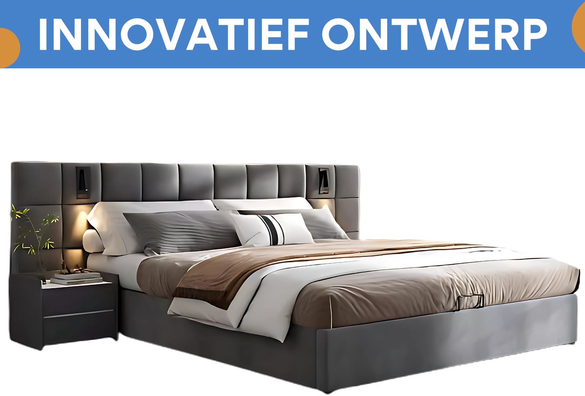 Hydraulisch Bed 180x200 cm - Voor Slaapkamer - Met LED-verlichting, USB-poorten & Verstelbaar Hoofdeinde - Fluweel in Grijs Schaakbordpatroon