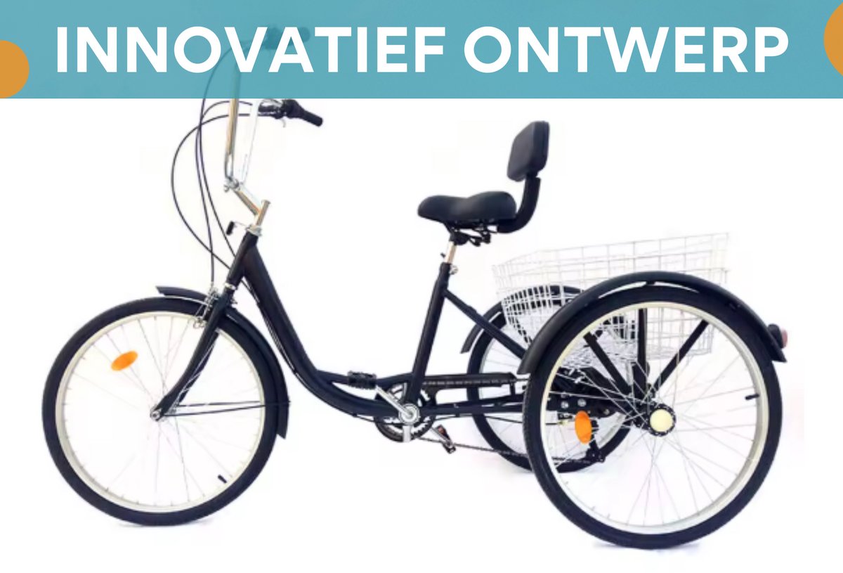 Driewieler voor volwassenen - 6 versnellingen - Fiets voor senioren - 24 Inch - Met mand - Voorrem - Zwart
