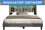 Bed - Tweepersoonsbedden - Tweepersoonsbed - Voor Slaapkamer - Met Opbergruimte, Hoofdeinde met USB-oplaadpunt & LED-verlichting - Bedrek & Houten Lattenbodem - Donkergrijs - 160x200 cm