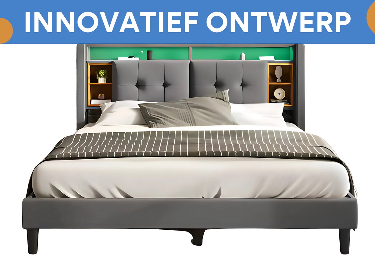 Bed - Tweepersoonsbedden - Tweepersoonsbed - Voor Slaapkamer - Met Opbergruimte, Hoofdeinde met USB-oplaadpunt & LED-verlichting - Bedrek & Houten Lattenbodem - Donkergrijs - 160x200 cm