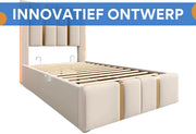 Bed - Eenpersoonsbedden - Voor Slaapkamer of Jeugdkamer - Met USB-C Oplaadfunctie, LED-verlichting & App-bediening - Opbergruimte, Lattenbodem & Beige Linnen - 90x200 cm