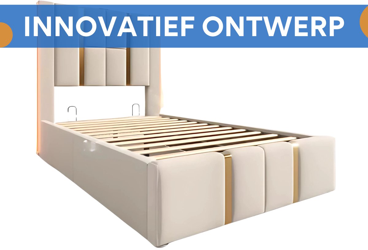 Bed - Eenpersoonsbedden - Voor Slaapkamer of Jeugdkamer - Met USB-C Oplaadfunctie, LED-verlichting & App-bediening - Opbergruimte, Lattenbodem & Beige Linnen - 90x200 cm