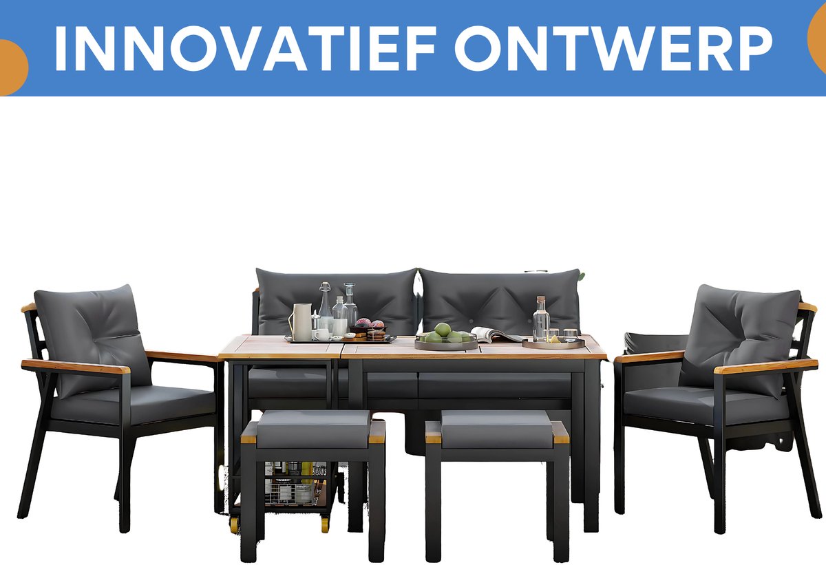 Eettafelset -Tuinmeubelset - Loungeset - Tuinlounge Lounge Set - Lounge Set - Voor Tuin of Terras - Tuinmeubelen voor 6-7 Personen met Fauteuils & Eetkar - Afneembare en Wasbare Hoezen