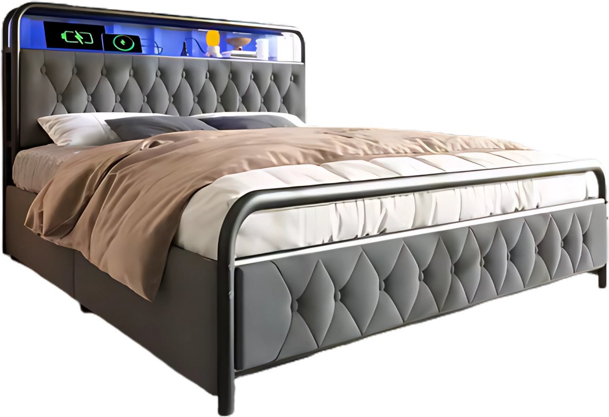 Bed - Tweepersoonsbedden - Tweepersoonsbed - USB C Oplaadfunctie APP-bediening LED Metalen bed - 140x200 - bedframe 4 Laden Fluweel