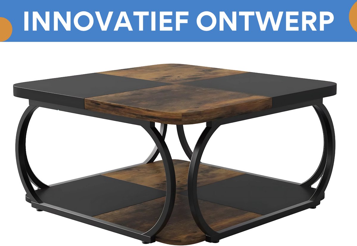 Salontafel Franciso - Koffietafel - Vierkant - 100cm - Retro - Opbergplank - Massief metalen onderstel