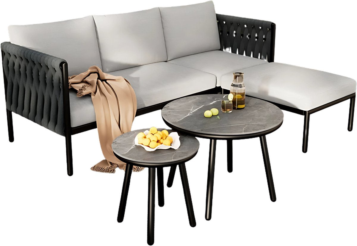 Tuinmeubelset - Loungeset - Tuinlounge Lounge Set - Voor Tuin, Zwembad of Terras - Sofa, 2 Salontafels & Voetkruk - Dik Touw & Marmeren Tafel