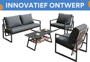 4-delig Tuin Loungeset - Tuinmeubelset - Voor Buitenruimte - Comfortabele Sofa met Tafel & Kussens - Zwart met Afneembare Hoezen