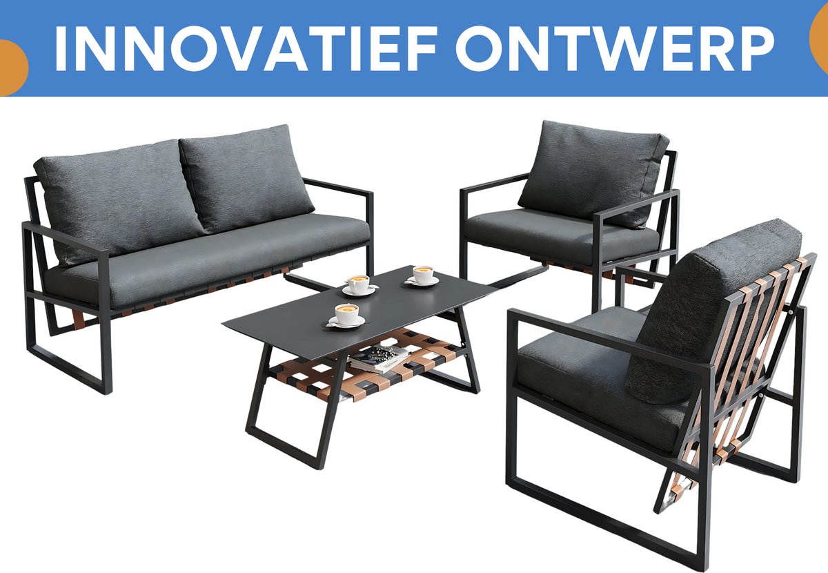 4-delig Tuin Loungeset - Tuinmeubelset - Voor Buitenruimte - Comfortabele Sofa met Tafel & Kussens - Zwart met Afneembare Hoezen