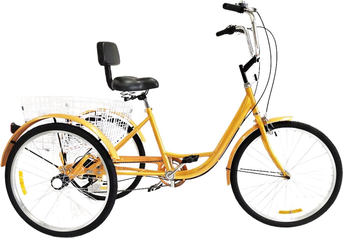 Driewieler Fioren voor volwassenen - 6 versnellingen - Fiets voor senioren - 24 Inch - Met mand - Voorrem - Geel
