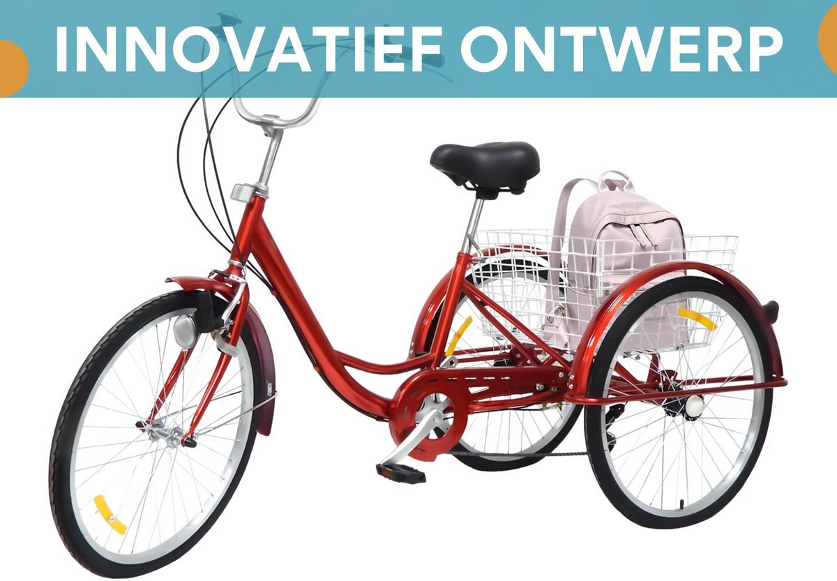 Driewieler Tavien 6 versnellingen - Fiets voor volwassenen en senioren - 24 Inch - Opvouwbare Trike - Met mand - Voorrem - Rood