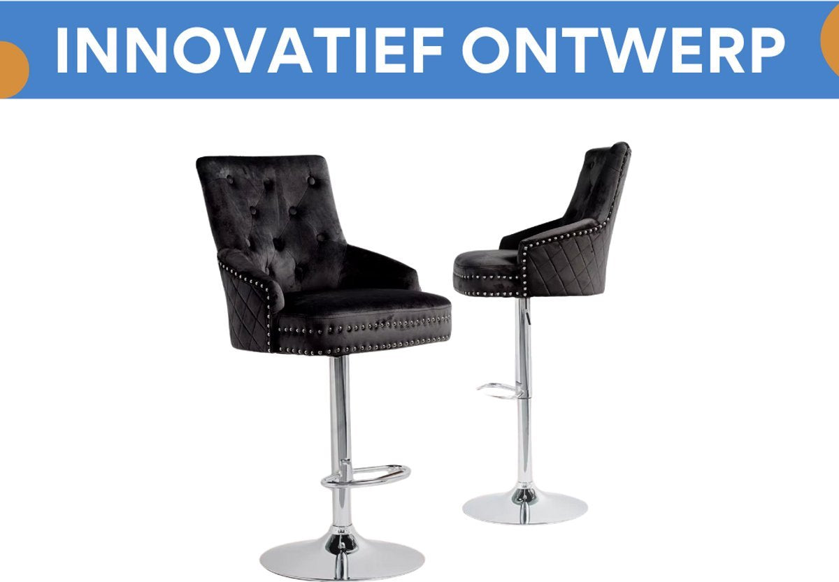 Barkrukken Luxe Valora - Set van 2 - Met rugleuning - Zwart - Velvet - Verstelbaar - Voor Keuken, Bar of woonkamer - Draaibaar
