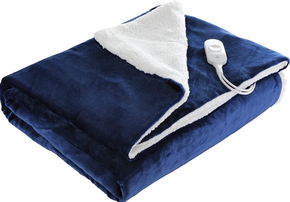 Happyment Elektrische Deken - Bovendeken - 1- a 2-Persoons - 180 x 130 cm - 6 Warmte Standen - Wasmachinebestendig - Oververhittingsbeveiliging - Digitale bediening - Coral Fleece - Blauw/Licht Paars