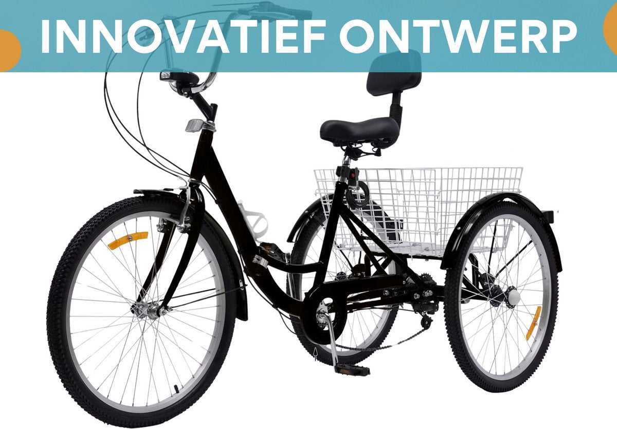 Driewieler Vortex 24 Inch - Fiets voor volwassenen en senioren - 7 versnellingen - Opvouwbare Trike - Met mand en LED Verlichting - Zwart