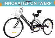 Driewieler London - 7 versnellingen - Fiets voor volwassenen en senioren - 24 Inch - Opvouwbare - Verstelbaar - Met mand - Voorrem - Zwart - 120KG