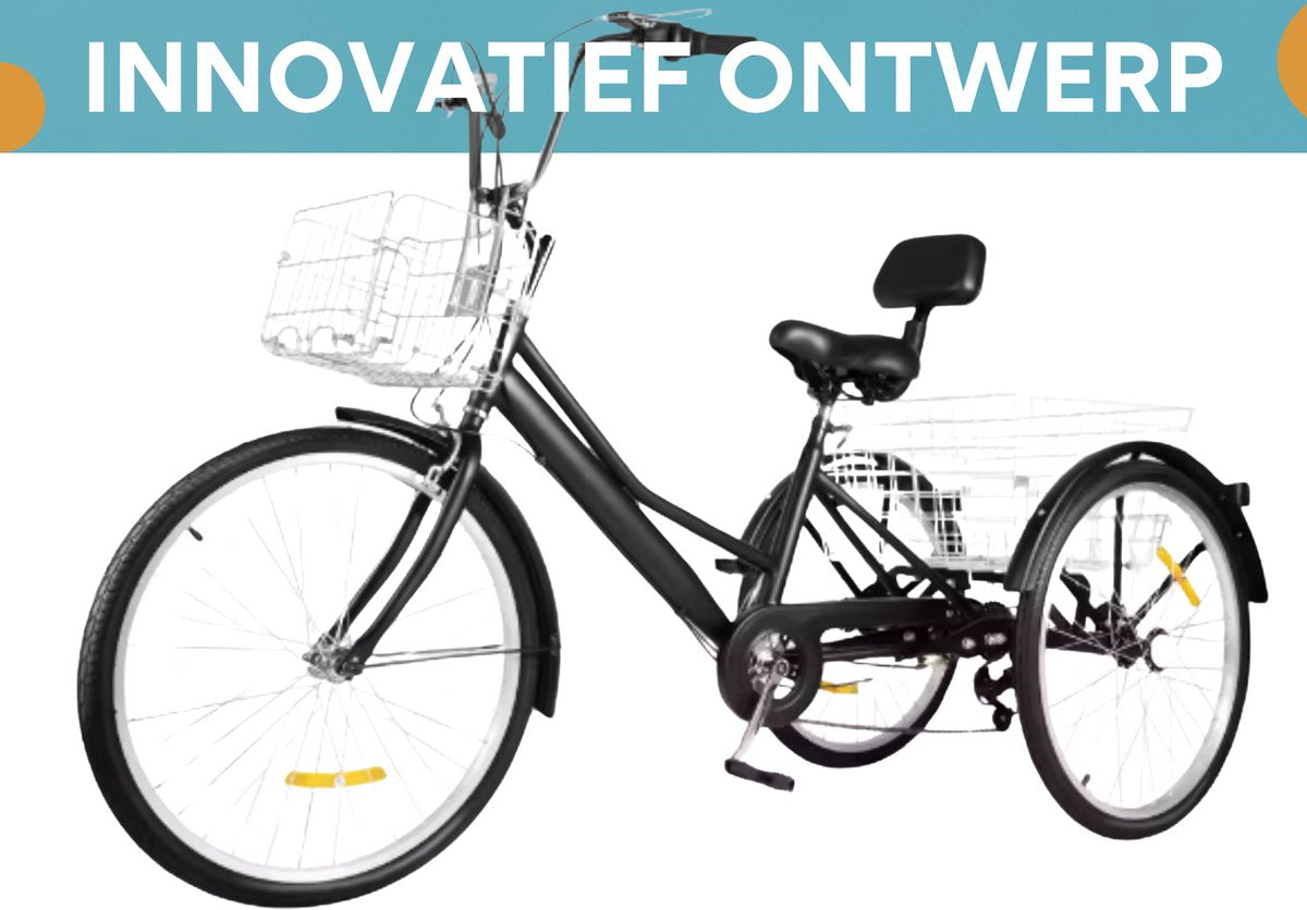 Driewieler London - 7 versnellingen - Fiets voor volwassenen en senioren - 24 Inch - Opvouwbare - Verstelbaar - Met mand - Voorrem - Zwart - 120KG