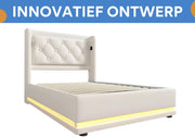 Eenpersoonsbed - Kinderbed - Kinderbedden - Jeugdbed - Voor Slaapkamer of Jeugdkamer - Met USB-C & 3-zijdig Hoofdeinde - Hydraulisch Bed met Opbergruimte - Wit PU Leer - 90x200cm