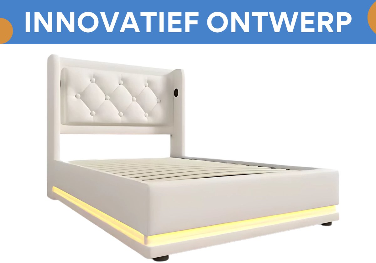 Eenpersoonsbed - Kinderbed - Kinderbedden - Jeugdbed - Voor Slaapkamer of Jeugdkamer - Met USB-C & 3-zijdig Hoofdeinde - Hydraulisch Bed met Opbergruimte - Wit PU Leer - 90x200cm