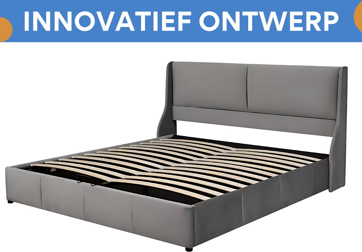 Bed - Tweepersoonsbedden - Tweepersoonsbed - Voor Slaapkamer - Tweepersoonsbed met Oorvormig Kussen Hoofdeinde & Hydraulisch Opbergsysteem - Grijs - 180x200