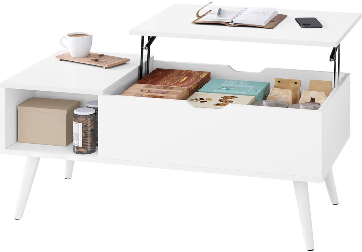 Salontafel Dulvia- Wit - Tafel voor woonkamer - Met opbergruimte en hefplank - Laptoptafel