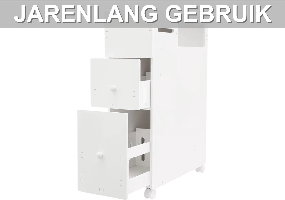 Badkamerkast - Opbergkast - Badkamermeubel - Voor smalle badkamers - Op wieltjes - Wit - 53*22,5*75 cm