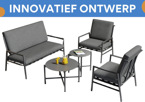 4-zits buiten Bankstel - Tuinmeubelset - Tuinbank - Voor Tuin of Terras - Met 2 Koffietafels & Verwijderbare Kussens - Gegalvaniseerd Staal - Grijs