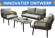 Tuinmeubelset - Loungeset - Tuinlounge Lounge Set - Lounge Set - Voor Tuin, Terras of Balkon - 2-Zits Sofa, 2 Fauteuils & Salontafel - Handgeweven Touw & Houtnerflook - Met Glasplaat & Gegalvaniseerd Staal
