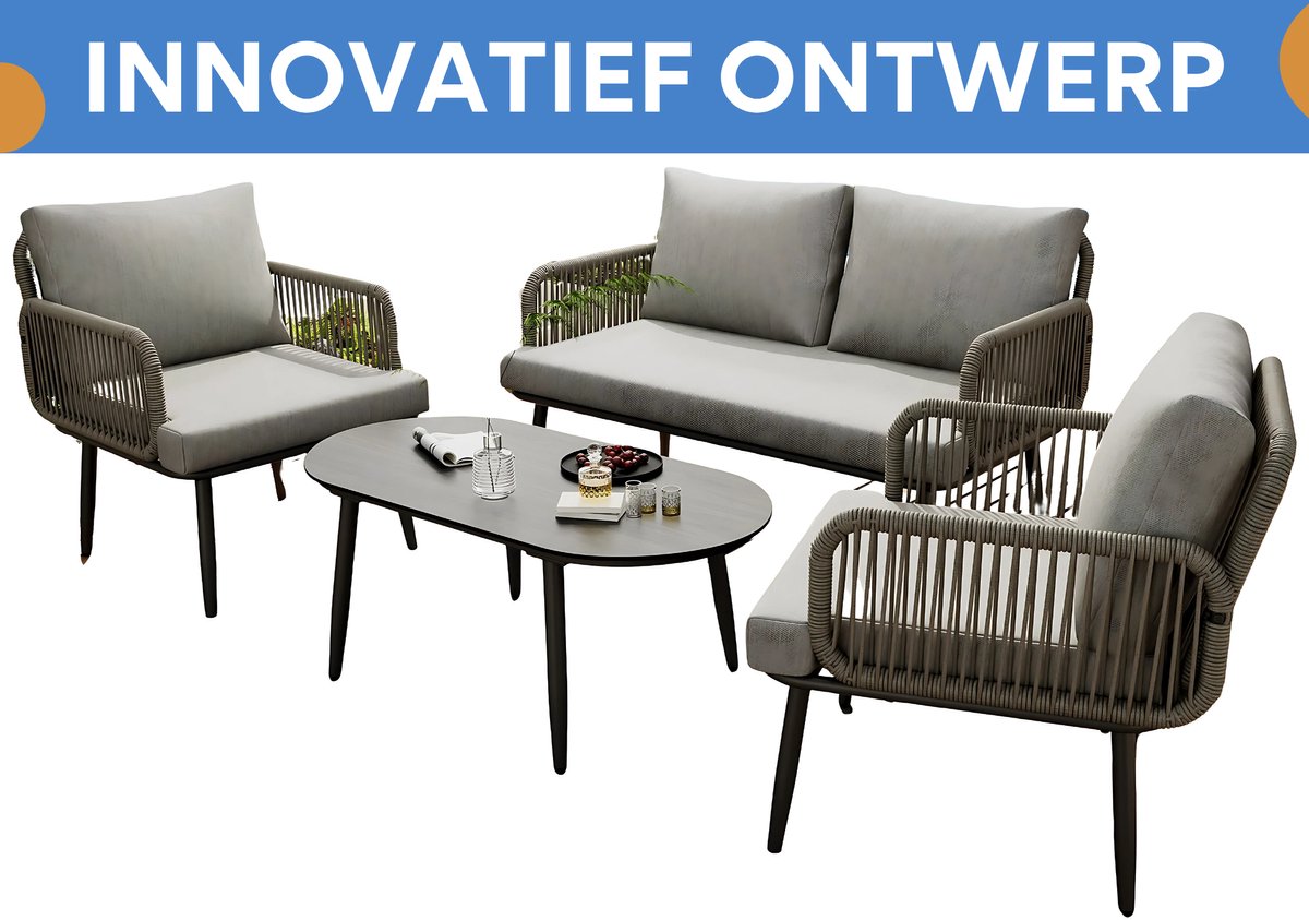 Tuinmeubelset - Loungeset - Tuinlounge Lounge Set - Lounge Set - Voor Tuin, Terras of Balkon - 2-Zits Sofa, 2 Fauteuils & Salontafel - Handgeweven Touw & Houtnerflook - Met Glasplaat & Gegalvaniseerd Staal