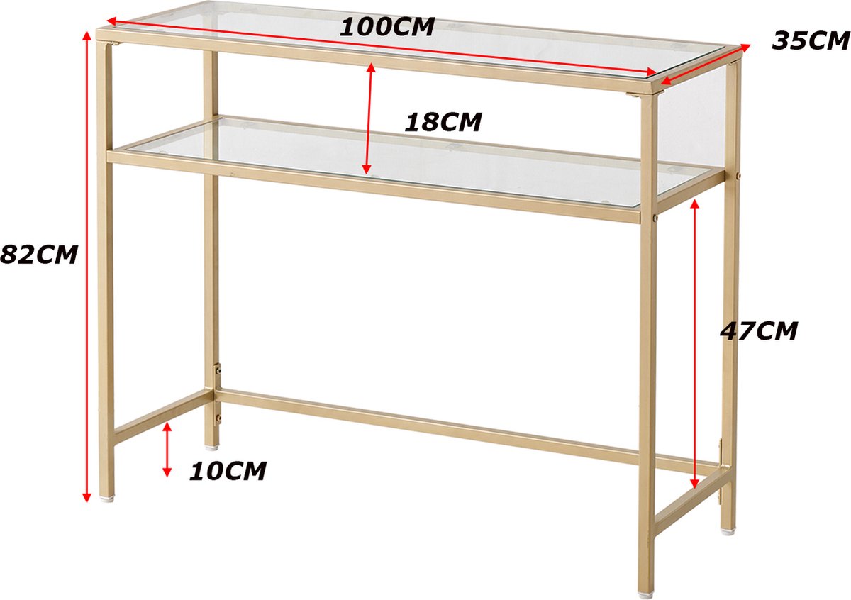 Happyment Console tafel Deluxe - Transparant - Wandtafel - Bijzettafel - Haltafel - Sidetable - Goud - 2 lagen - 100cm