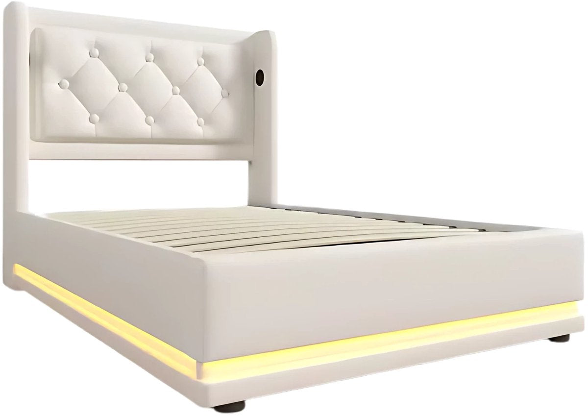 Eenpersoonsbed - Kinderbed - Kinderbedden - Jeugdbed - Voor Slaapkamer of Jeugdkamer - Met USB-C & 3-zijdig Hoofdeinde - Hydraulisch Bed met Opbergruimte - Wit PU Leer - 90x200cm