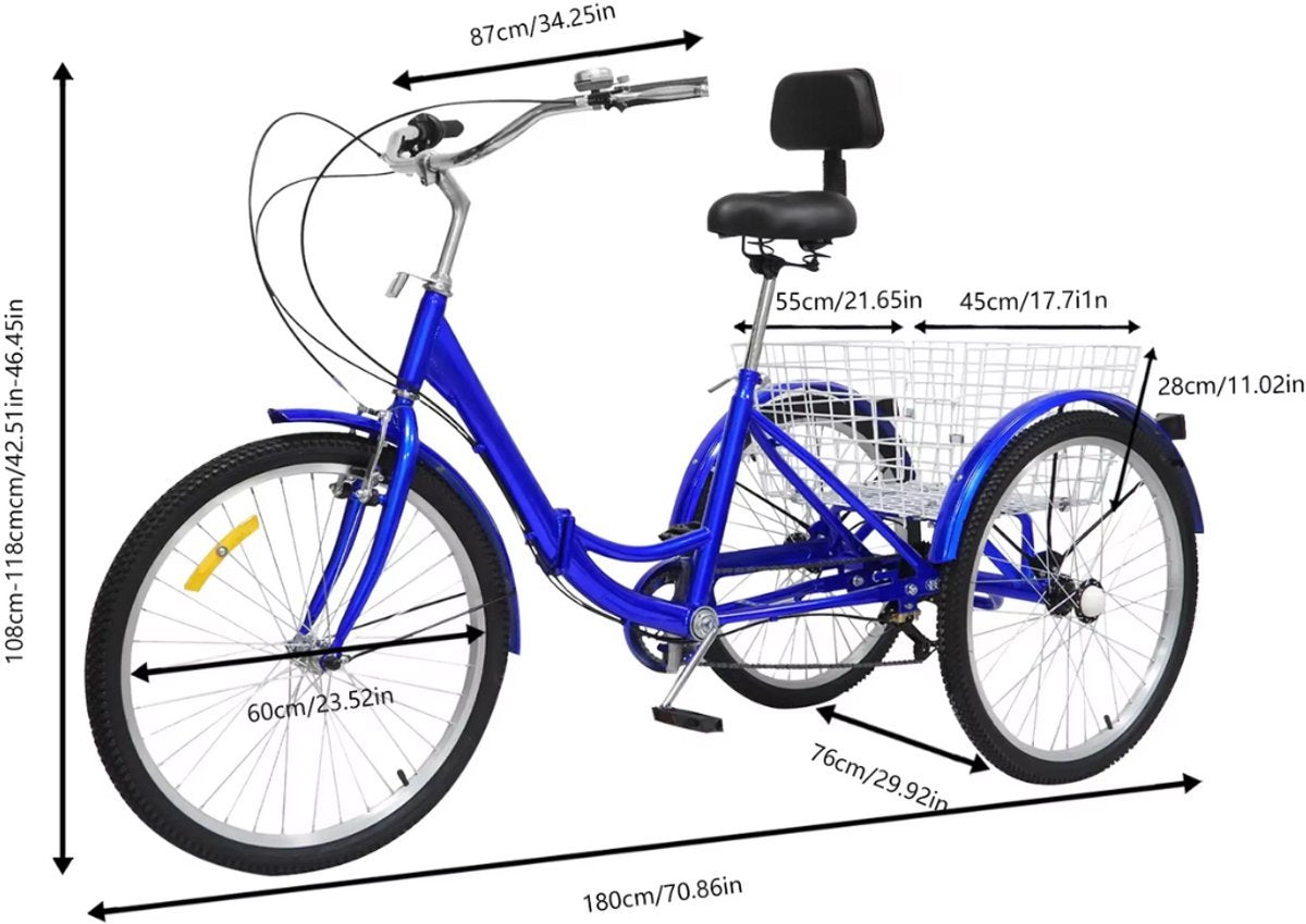 Driewieler Aravon Dita - 7 versnellingen - Fiets voor volwassenen en senioren - 24 Inch - Opvouwbare - Verstelbaar - Met mand - Voorrem - Blauw
