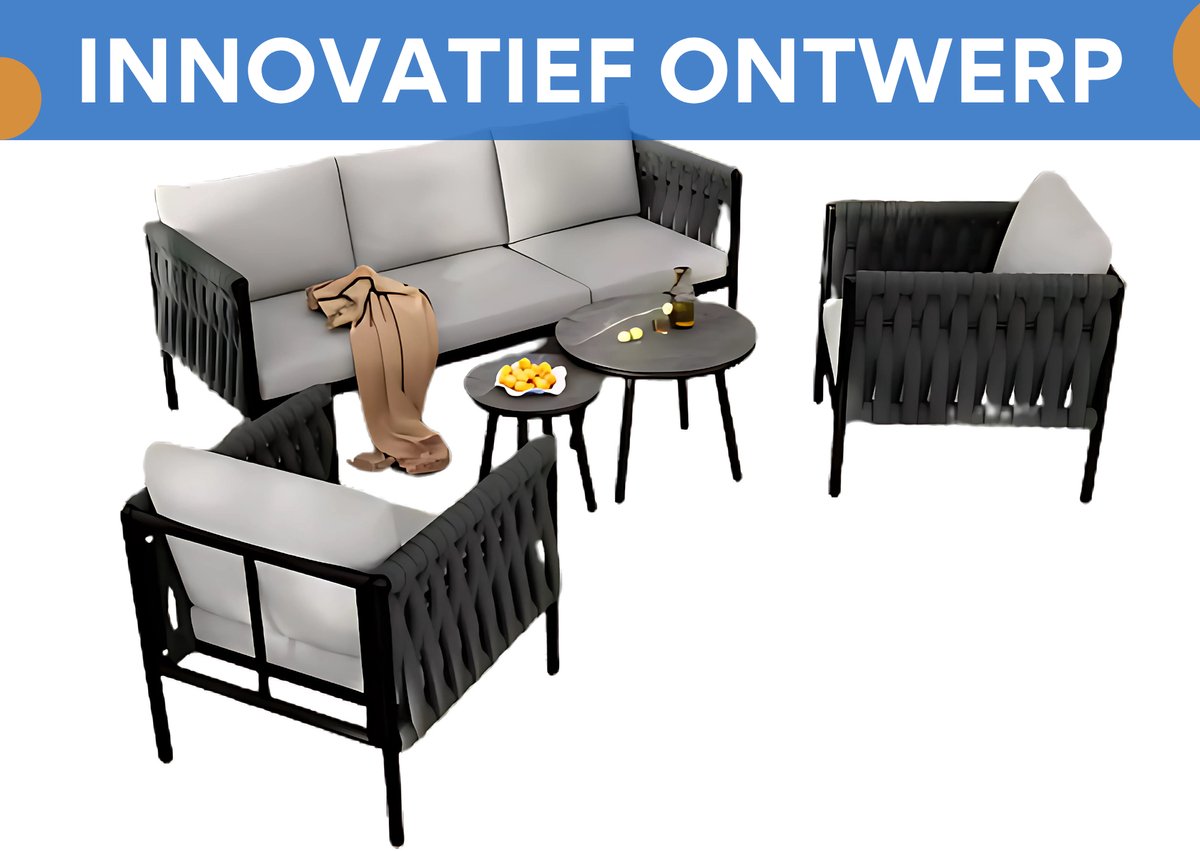 Tuinmeubelset - Loungeset - Tuinlounge Lounge Set - Lounge Set - Voor Tuin, Terras of Balkon - 3-zits Sofa, 2 Fauteuils & 2 Tafelbanken - Dik Touw & Gaasdesign met Gemarmerde Glasplaat - Gegalvaniseerd Staal