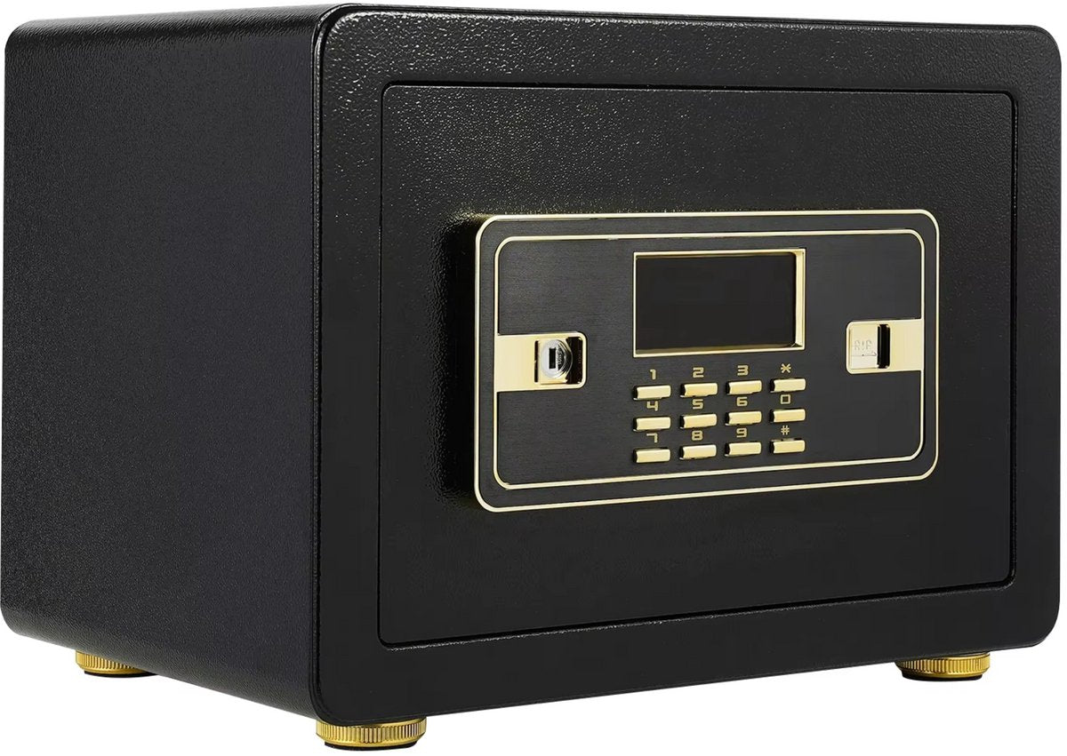 Kluis deluxe - 22L - Brandwerend en waterdicht - Kluisjes met cijferslot - Zwart/goud - 2 sleutels - Digitaal toetsenbord