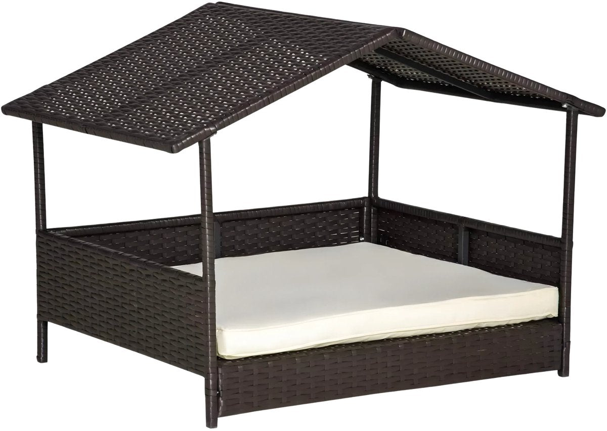 Hondenhuis met kussen - 98x69x73 cm - Voor Honden - PP Rotan Koffiebruin - Hondenbench (Binnen & Buiten) - Bench