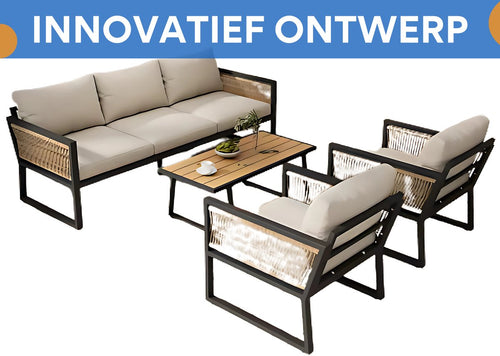 4-delig Tuinmeubelset - Loungeset - Tuinlounge Lounge Set - Voor Tuin of Terras - 3 Sofa’s, 2 Fauteuils & Salontafel - Kunststof Hout, Touw & Gegalvaniseerd Staal