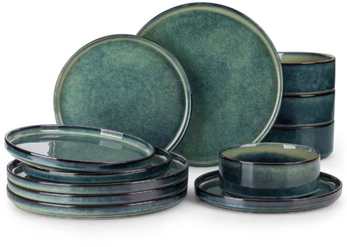 Santivo Serviesset - 12 delig - 4 persoons - Groen - Dinerborden - Bordenset - Ontbijtborden - Keukenservies - Diepe borden - Servies