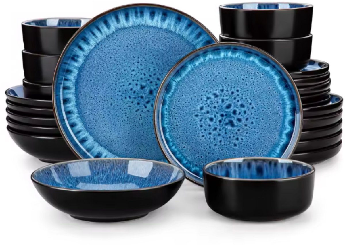 Lorentino Serviesset - 24 delig - 6 persoons - Blue Eye - Dinerborden - Bordenset - Diepe borden - Ontbijtborden - Servies - Keukenservies